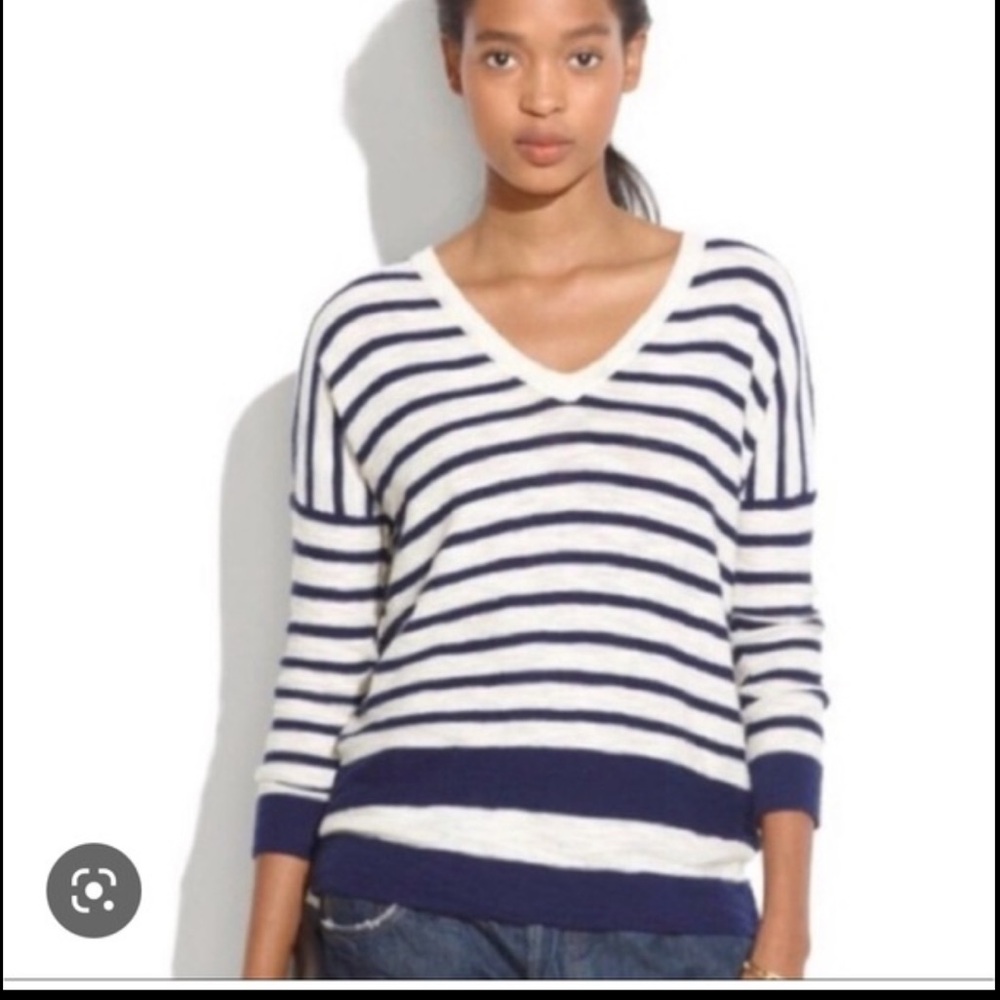 Madewell Striped V Neck Top Size XS Navy Cream Three Quarter Sleeve